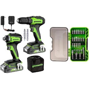 Greenworks 24V Brushless Drill/Driver + Impact Drive Combo Kit, Batteries and Charger Included, with 30-Piece Impact Rated Driving Bit Set