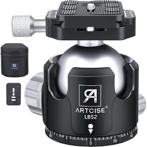 Low Profile Ball Head Tripod Mount Ball Head 52mm Diameter ARTCISE LB52 All Metal CNC Machining with Two 1/4" Quick Release Plates for Tripod, Monopod, DSLR, Camcorder，Max Load 66lbs /30kg