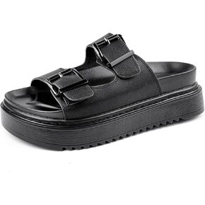 Chunky Platform Sandals for Women, Waterproof Non-Slip Rubber Sole, Adjustable Double Buckle, Arch Support Open Toe Slide Sandals, Comfortable Black Wedge Sandals for Women