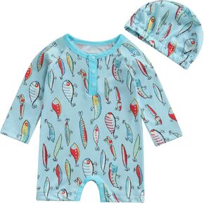 Toddler Bathing Suit Boy One-Piece Fish Golf Pattern Snap Button Long Sleeve Swimwear Baby Boy Swimsuit