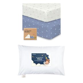Keababies Pack and Play Sheets Fitted, 2-Pack Mini Crib Sheets and Toddler Pillow with Pillowcase - Fitted Crib Sheet for Pack and Play Mattress - 13X18 Soft Cotton Toddler Pillows for Sleeping