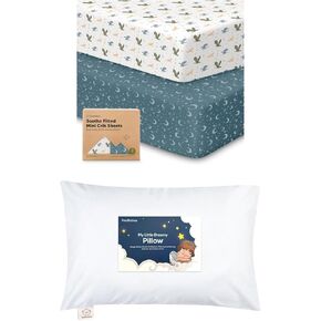 KeaBabies 2-Pack Mini Crib Sheets Fitted, Cotton Pack and Play Sheets and Toddler Pillow with Pillowcase - Playard Baby Crib Sheets, Jersey Crib Sheets Neutral - 13X18 Soft Cotton Toddler Pillows