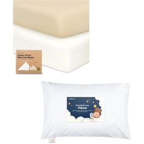 KeaBabies 2-Pack Mini Crib Sheets Fitted, Cotton Pack and Play Sheets and Toddler Pillow with Pillowcase - Playard Baby Crib Sheets, Jersey Crib Sheets Neutral - 13X18 Soft Cotton Toddler Pillows