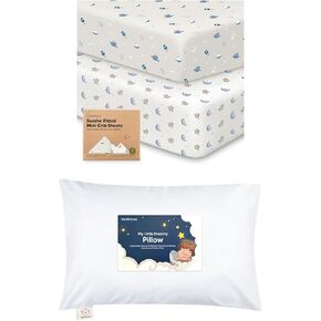 KeaBabies 2-Pack Mini Crib Sheets Fitted, Cotton Pack and Play Sheets and Toddler Pillow with Pillowcase - Playard Baby Crib Sheets, Jersey Crib Sheets Neutral - 13X18 Soft Cotton Toddler Pillows