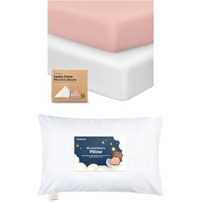 KeaBabies 2-Pack Mini Crib Sheets Fitted, Cotton Pack and Play Sheets and Toddler Pillow with Pillowcase - Playard Baby Crib Sheets, Jersey Crib Sheets Neutral - 13X18 Soft Cotton Toddler Pillows