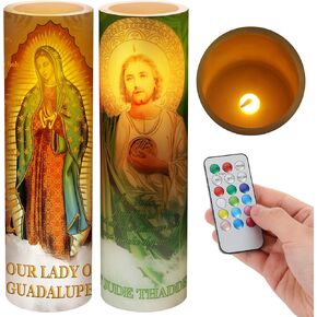 Landhoow 2 Pcs Religious Flameless LED Prayer Candle Real Wax Baptism Candle Set Immaculate Heart of Mary and Sacred Heart of Jesus Battery Operated Candles with Remote Control