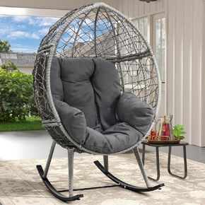 DWVO Wicker Rocking Egg Chair, Oversized Indoor Outdoor Rattan Rocking Chair, Indoor Outdoor Lounger for Patio, Backyard, Living Room, Black & Beige