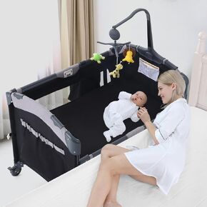 Jaoul 5 in 1 Baby Crib, Bassinet Beside Sleeper, Pack and Play with Bassinet and Changing Table Portable Travel Baby Playpen with Toys & Music Box, Mattress for Girl Boy Infant Newborn Pink