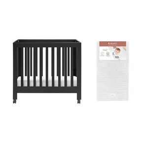 Babyletto Origami Mini Crib in Grey & Pure Core Non-Toxic Mini Crib Mattress with Hybrid Waterproof Cover Bundle