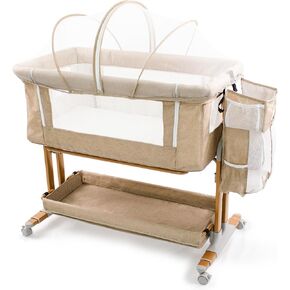 Baby Bassinet Bedside Sleeper 2 in 1 with Wheels, Arms Reach Co Sleeper with Mattress, Incline Option, 6 Adjustable Heights for Newborn to 6 Months Infant