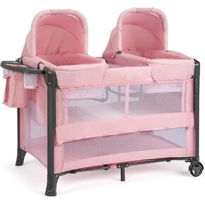 JOYMOR Twin Bassinet for Baby, Bedside Bassinet, Convertible to Bedside Sleeper and Playpen, with Wheel, Brake, Foldable Side Sleeper, Gray