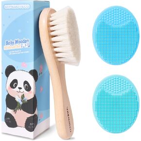 Baby Hair Brush and Cradle Cap Brush Set Goat Hair Bristles Brush 2 Pieces Silicone Cradle Cap Brushes Wood Handle Newborn Brush Kit for Newborns and Toddlers 3 Packs