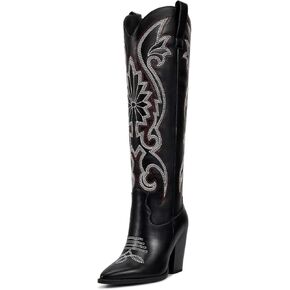 ISNOM Womens Cowboy Knee High Boots Cowgirl Boots Western Boots with Embroidered Pointed Toe Chunky Heel Slip on Retro Tall Boots
