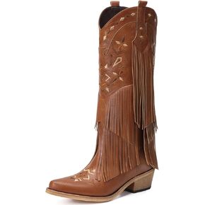 Cowboy Boots for Women - Fringe Knee High Cowgirl Boots with Classic Embroidery, Pointed Toe Pull on Retro Design, Perfect for Western Parties, Weddings and Events