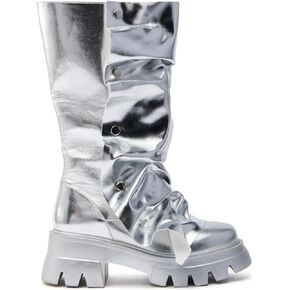 DETOGNI Womens Metallic Mid Calf Pull-On Fit Flat Boots Scrunched Detachable Overlay Snap Buttons Chunky Platform Rounded Toe Booties