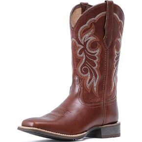 IUV Women's Leather Western Boots Square Toe Cowboy Boots for women Mid Calf Classic Cowgirl Boots Genuine leather toe and heel, textured sheepskin shaft