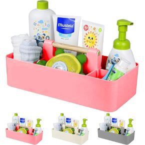 Baby Shower Caddy Plastic Nursery Portable Storage Organizer Caddy Tote for Child/Kids, Divided Basket Bin with Wood Handle for Bathroom, Dorm Room, Holds Hand Soap, Bottles, Spoons (Beige)