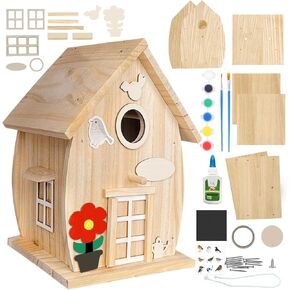 Wooden DIY Bird House Kit with Paint Set,Birdhouse Kit for Kids,Woodworking Kit DIY Bird House for Outside,Build Your Own Birdhouse Kit for Garden Yard Decor Gifts,Decorative Garden Craft Project