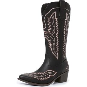 Athlefit Cowboy Boots for Women Western Cowgirl Square Toe boots Embroidery Chunky Heel Mid-Calf Boots