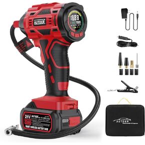 AUTDER Tire Inflator Portable Air Compressor, 21V Rechargeable 180PSI Battery-Powered Handheld Air Pump with Digital Pressure Gauge, 12V Car Adapter, for Cars, Motorcycles, Bikes, Blue