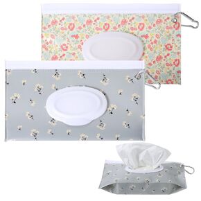 2 Pcs Baby Wipe Dispenser with Hook Baby Wipe Container Baby Reusable Wipes Pouch Floral Pattern Wipe Holder for Diaper Bag for Refillable Portable Wipes Dispenser(Flowers)(Wet Wipes not Included)