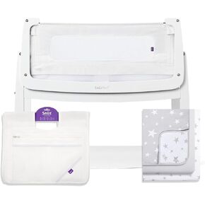 Snuzpod 4 bassinet حزمة سرير بجانب السرير ، سرير سرير محمول (أبيض) مع مجموعة الفراش الناعمة الفائقة (النجوم) + جيب التخزين المحمول (أبيض)