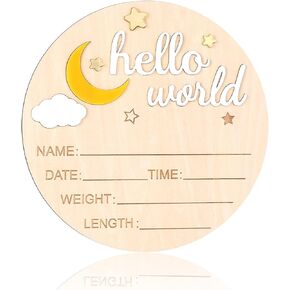 Lusofie Baby Announcement Sign, Wooden Moon and Stars Welcome Baby Sign, "Hello World" baby Name Signs Plaque with 3D Pattern and Text for Hospital Home Decoration