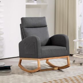 Nursery Glider Chair Rocking Chair, Upholstered Nursery with Rubber Wood Legs, Comfy High Backrest, Side Pockets, Accent Rocker Armchair for Living Room, 27.6" D x 33.9" W x 41.1" H, White