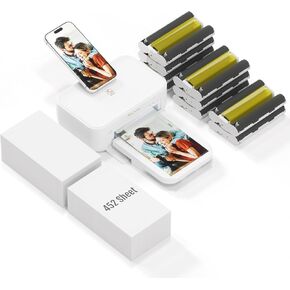 HPRT Photo Printer 4x6 with Photo Paper 452 Sheets and 9 Ribbon，Portable Photo Printers for Home Use Thermal Dye-Sublimation Printer（White）