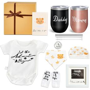 Gender Reveal Gifts, New Mom Gift for Women, Pregnancy Gifts for New Parents, Baby Gift Basket with Mom and Dad Tumbler Set for Couples, First Time Parents, Baby Shower