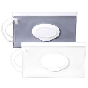 Reusable Wipes Pouch 2 Pack Portable Refillable Wipe Container, Waterproof and Dustproof Travel Wipes Case Baby Wipes Dispenser, Baby Wipe Holder Refillable for Travel (White & Gray)