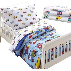 Wildkin Toddler Cotton Comforter & Sheet Set Bundle (Trains, Planes, & Trucks)
