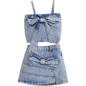 2PCS Baby Girl Denim Clothes Sets Spaghetti Strap Bowknot Camisole Crop Tops + Split Hem Skirt
