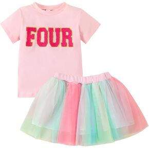 Toddler Kids Baby Girls Birthday Outfit Two/Three/Four/Five/Six T-shirt Rainbow Mesh Tulle Tutu Skirts