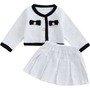 2PCS Baby Girls Long Sleeve Button Jacket Coat + A-line Pleated Skirt Formal Plaid Outfits Sets