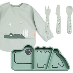Done by Deer Silicone Stick&Stay Croco Snackplate with Foodie Cutlery and Sleeved Pocket Bib