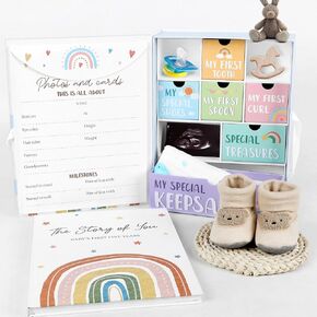 Baby Keepsake Box Boho Rainbow Baby Memory Book Memory Organizer Boxes with 9 Labeled Compartments Box for Baby Boy Girl First 5 Year Baby Scrapbook Journal Photo Album Baby Shower Gifts for Mom