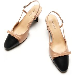 C.Paravano Women's Slingback Low Chunky Heels Round Toe Block Heel Pumps Splicing Bowknot Slip On Fashion Party Dress Shoes
