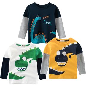 Toddler Boys Color Block Long Sleeve Shirts 3-Pack Cotton Dinosaur&Car Print Boy's T-Shirts Spring/Fall for 18M-7Y
