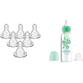 Dr. Brown's Natural Flow Level 3 Narrow Baby Bottle Silicone Nipple 6 Pack and Anti-Colic Options+ Narrow Sippy Bottle Starter Kit with Level 3 Nipple and Sippy Spout, Green