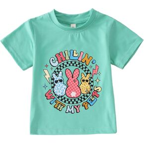 Toddler Baby Boy Girl Easter Shirt Cute Bunny Graphic T-Shirt Funny Chillin' with My Peeps Tee Short Sleeve Tops