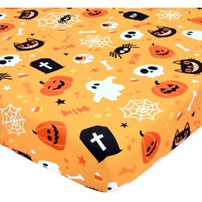 Halloween Crib Sheets, Fitted Crib Sheet with Cat, Pumpkin, Ghosts, Bat, Crow, and Spider, Measuring 52'' x 28'' to fit Standard Crib & Toddler Mattresses, Yellow