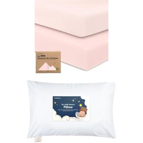 Keababies Waterproof Crib Sheets for Boys, Girls and Toddler Pillow with Pillowcase - 2-Pack Fitted Crib Sheet, Waterproof Crib Mattress Protector - 13X18 Soft Cotton Toddler Pillows for Sleeping