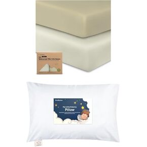 Keababies Waterproof Crib Sheets for Boys, Girls and Toddler Pillow with Pillowcase - 2-Pack Fitted Crib Sheet, Waterproof Crib Mattress Protector - 13X18 Soft Cotton Toddler Pillows for Sleeping