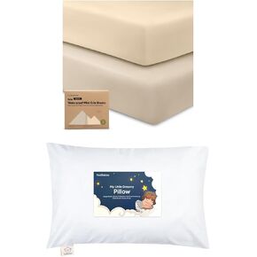 Keababies Waterproof Crib Sheets for Boys, Girls and Toddler Pillow with Pillowcase - 2-Pack Fitted Crib Sheet, Waterproof Crib Mattress Protector - 13X18 Soft Cotton Toddler Pillows for Sleeping