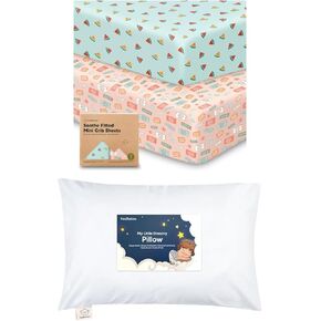 Keababies Pack and Play Sheets Fitted, 2-Pack Mini Crib Sheets and Toddler Pillow with Pillowcase - Fitted Crib Sheet for Pack and Play Mattress - 13X18 Soft Cotton Toddler Pillows for Sleeping