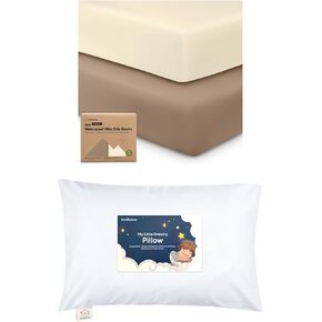 Keababies Waterproof Crib Sheets for Boys, Girls and Toddler Pillow with Pillowcase - 2-Pack Fitted Crib Sheet, Waterproof Crib Mattress Protector - 13X18 Soft Cotton Toddler Pillows for Sleeping