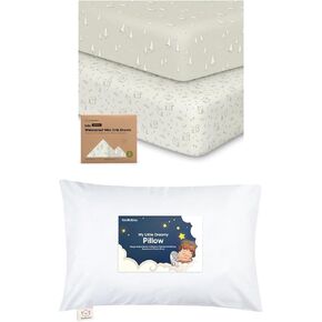 Keababies Waterproof Crib Sheets for Boys, Girls and Toddler Pillow with Pillowcase - 2-Pack Fitted Crib Sheet, Waterproof Crib Mattress Protector - 13X18 Soft Cotton Toddler Pillows for Sleeping