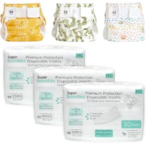 Super Boosties 90ct + Honest Hybrid Cloth Diaper Cover with Pocket-Sling, Medium (12-25 lbs), Stops Nighttime Leaks, Boosties Disposable Diaper Inserts, Honest Cotton Muslin Covers, 3 Pack