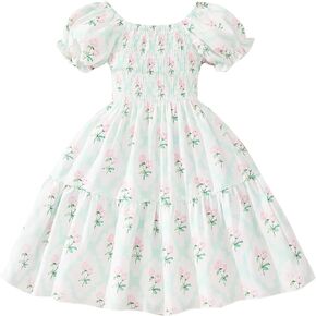Toddler Baby Girls Summer Floral Dress Kids Puff Sleeve Square Neck Smocked Flowy Sun Dresses 2-8 Years